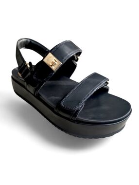 SM New York Faux Leather Velcro Strap Platform Sandal Black